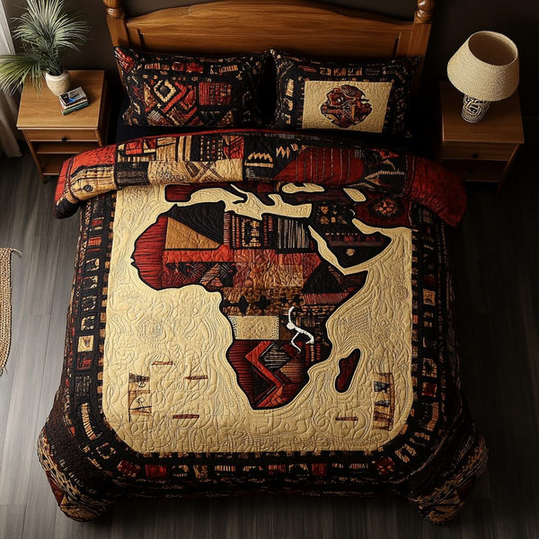 Africa Journey quilted 3-piece bedding set on a made bed with two matching pillow shams