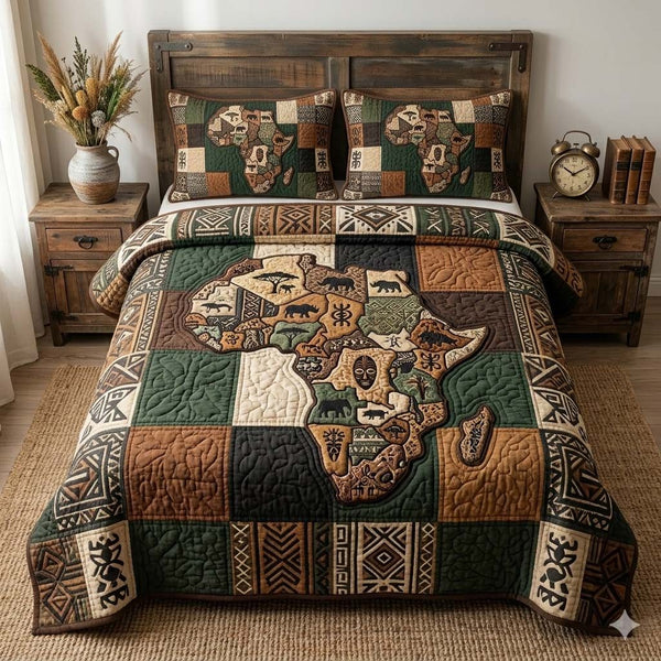 Africa Legacy quilted 3-piece bedding set on a made bed with two matching pillow shams