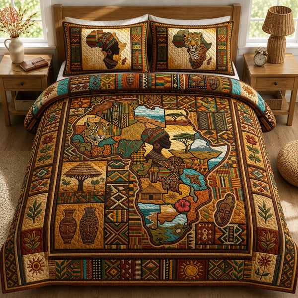 Africa Legacy quilted 3-piece bedding set on a made bed with two matching pillow shams