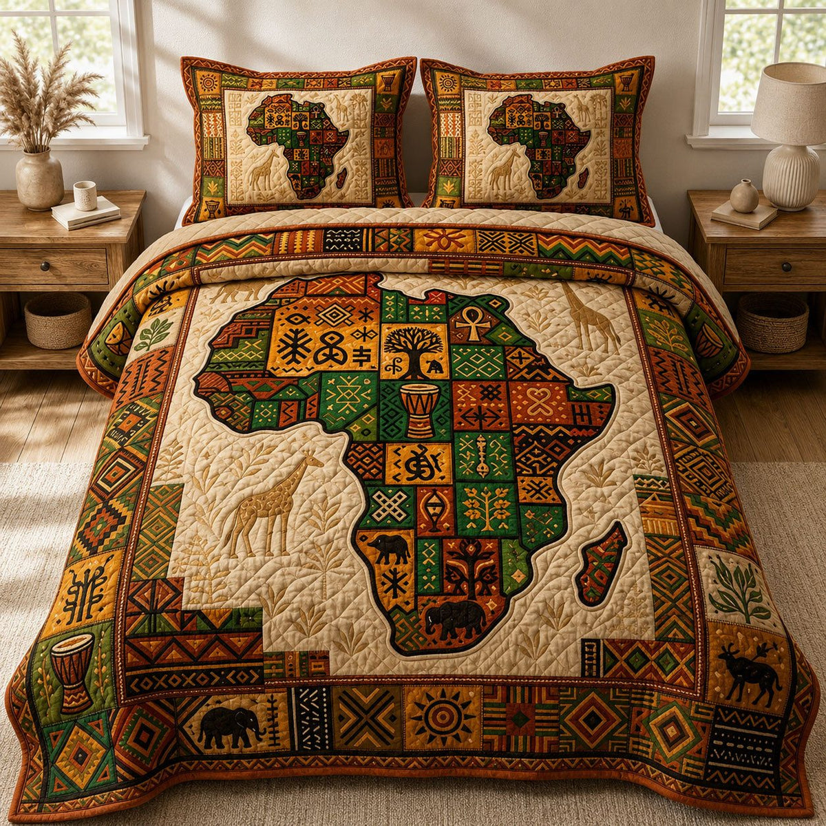 Africa Legacy quilted 3-piece bedding set on a made bed with two matching pillow shams