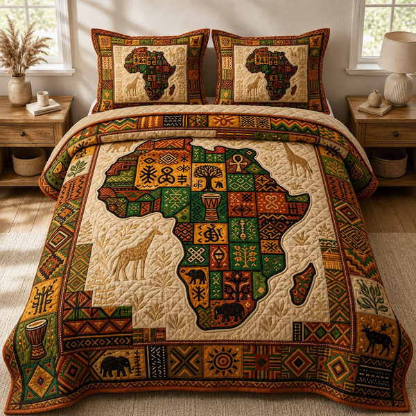 Africa Legacy quilted 3-piece bedding set on a made bed with two matching pillow shams
