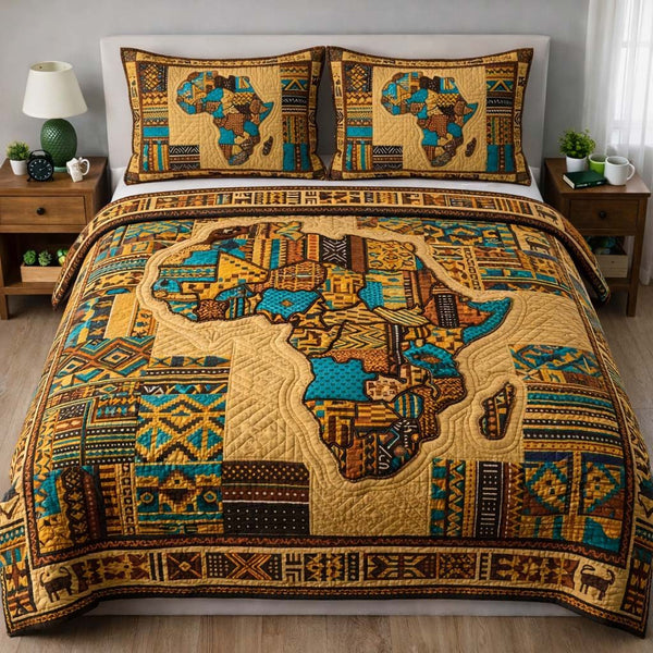 Africa Legacy quilted 3-piece bedding set on a made bed with two matching pillow shams