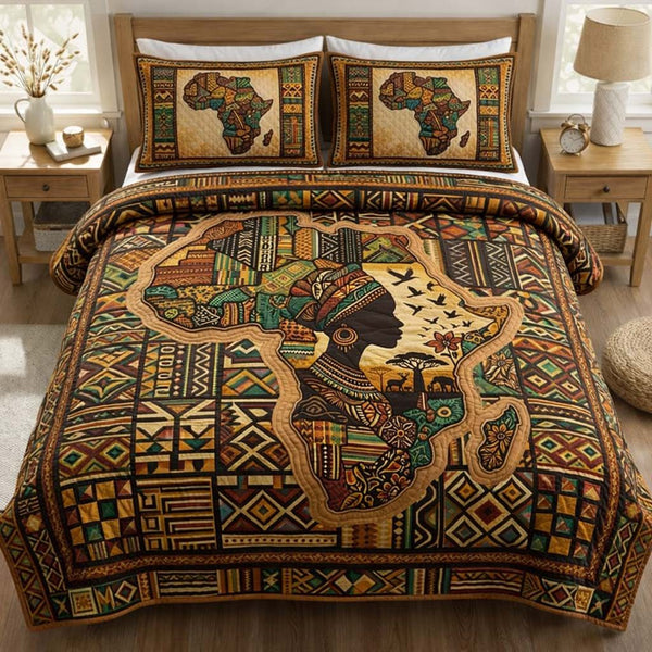 Africa Legacy quilted 3-piece bedding set on a made bed with two matching pillow shams