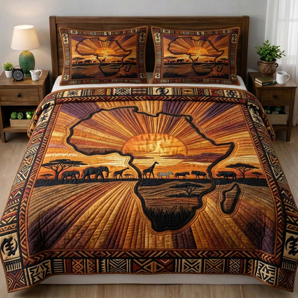 Africa Legacy quilted 3-piece bedding set on a made bed with two matching pillow shams