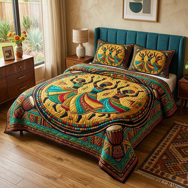 Africa Legacy quilted 3-piece bedding set on a made bed with two matching pillow shams