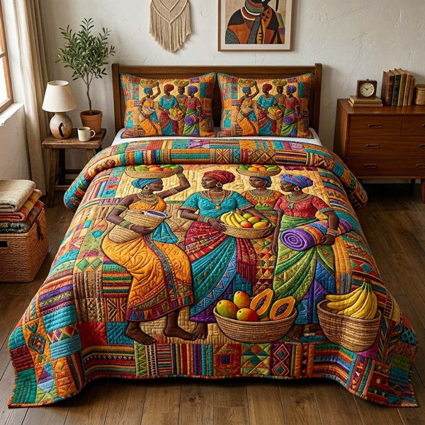 Africa Legacy quilted 3-piece bedding set on a made bed with two matching pillow shams