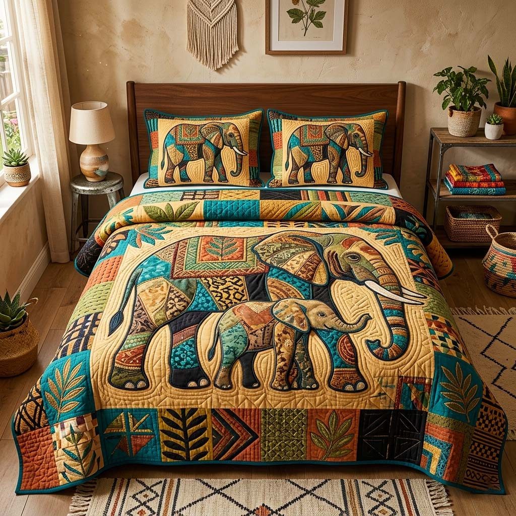 Africa Legacy quilted 3-piece bedding set on a made bed with two matching pillow shams