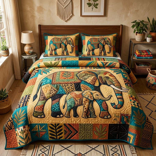 Africa Legacy quilted 3-piece bedding set on a made bed with two matching pillow shams