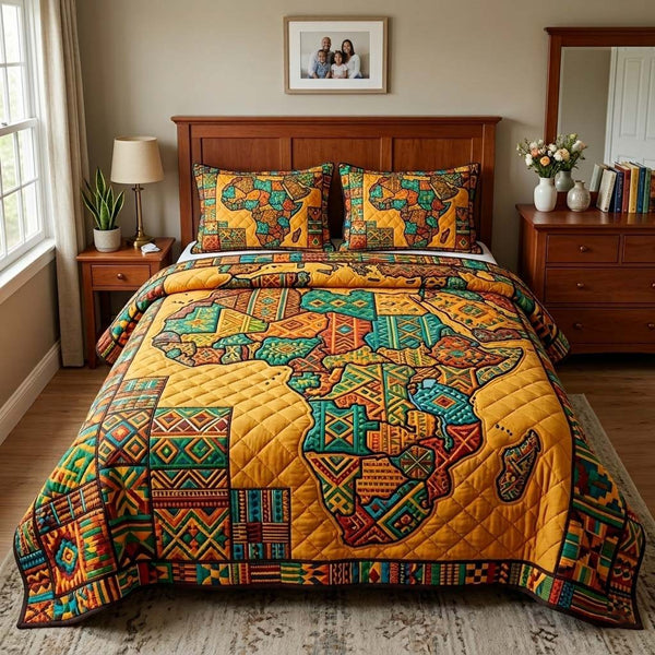 Africa Legacy quilted 3-piece bedding set on a made bed with two matching pillow shams