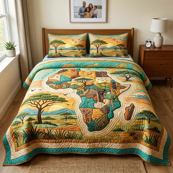 Africa Legacy quilted 3-piece bedding set on a made bed with two matching pillow shams
