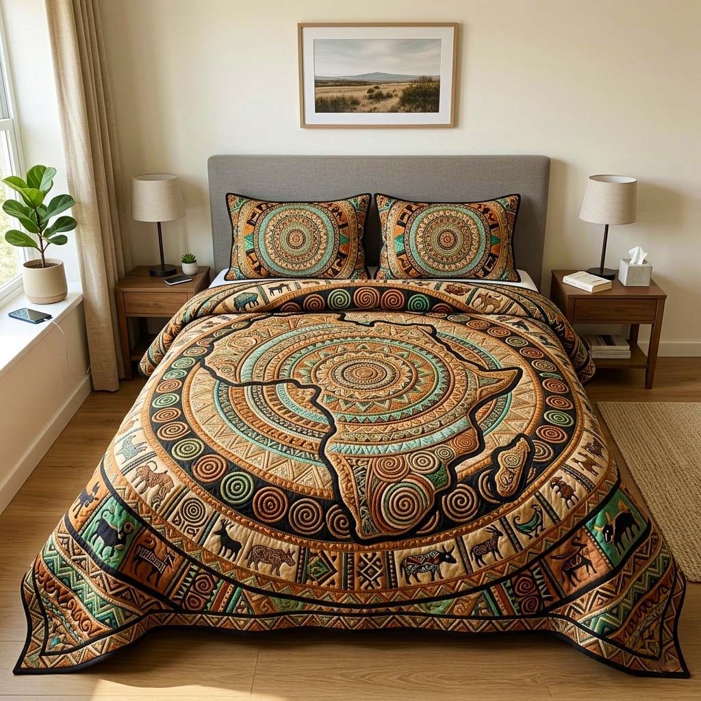 Africa Legacy quilted 3-piece bedding set on a made bed with two matching pillow shams