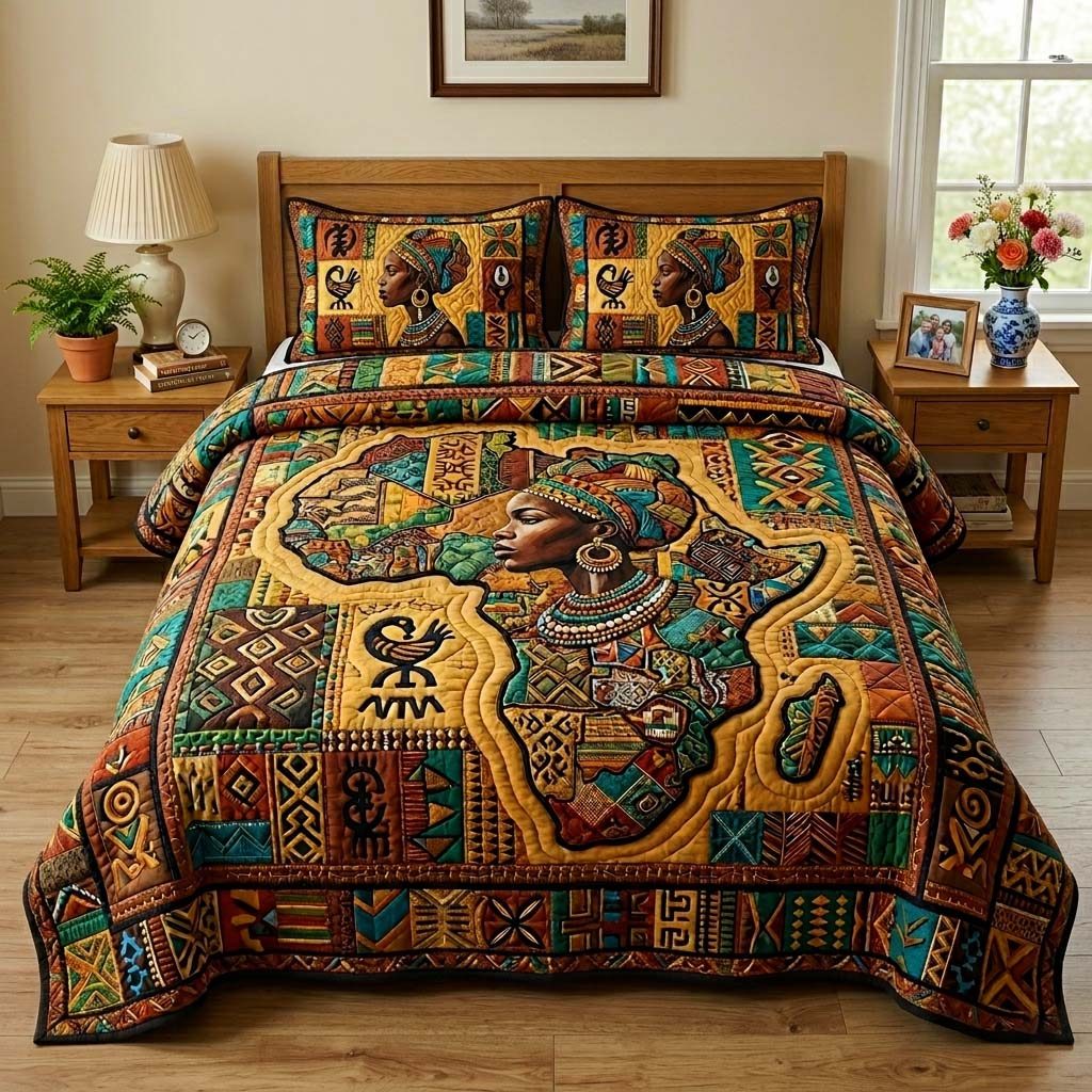 Africa Legacy quilted 3-piece bedding set on a made bed with two matching pillow shams