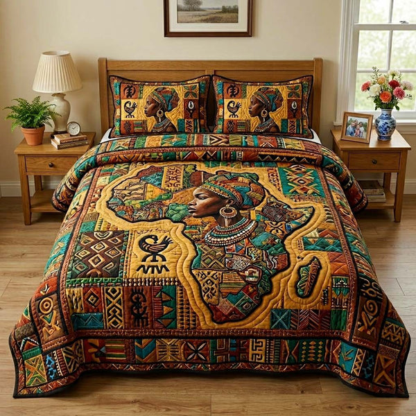 Africa Legacy quilted 3-piece bedding set on a made bed with two matching pillow shams