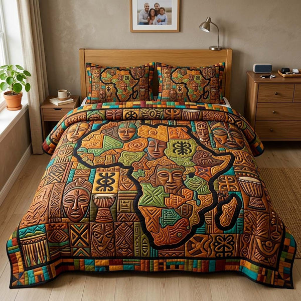 Africa Legacy quilted 3-piece bedding set on a made bed with two matching pillow shams