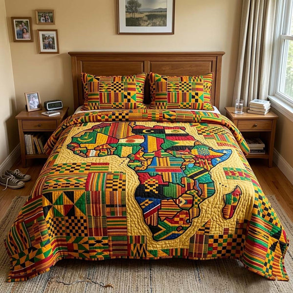 Africa Legacy quilted 3-piece bedding set on a made bed with two matching pillow shams
