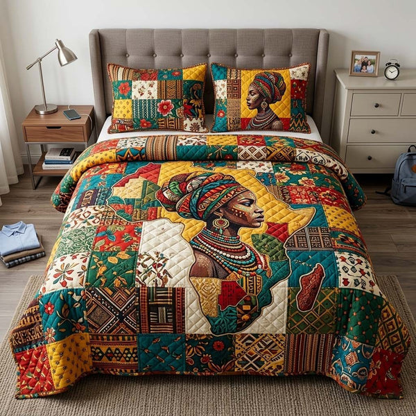 Africa Legacy quilted 3-piece bedding set on a made bed with two matching pillow shams