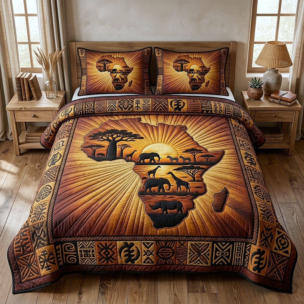 Africa Legacy quilted 3-piece bedding set on a made bed with two matching pillow shams