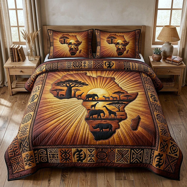 Africa Legacy quilted 3-piece bedding set on a made bed with two matching pillow shams