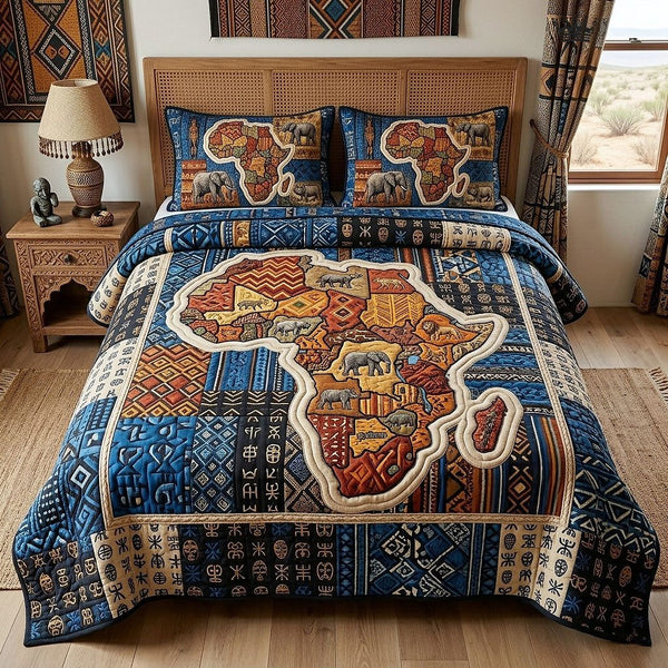 Africa Legacy quilted 3-piece bedding set on a made bed with two matching pillow shams