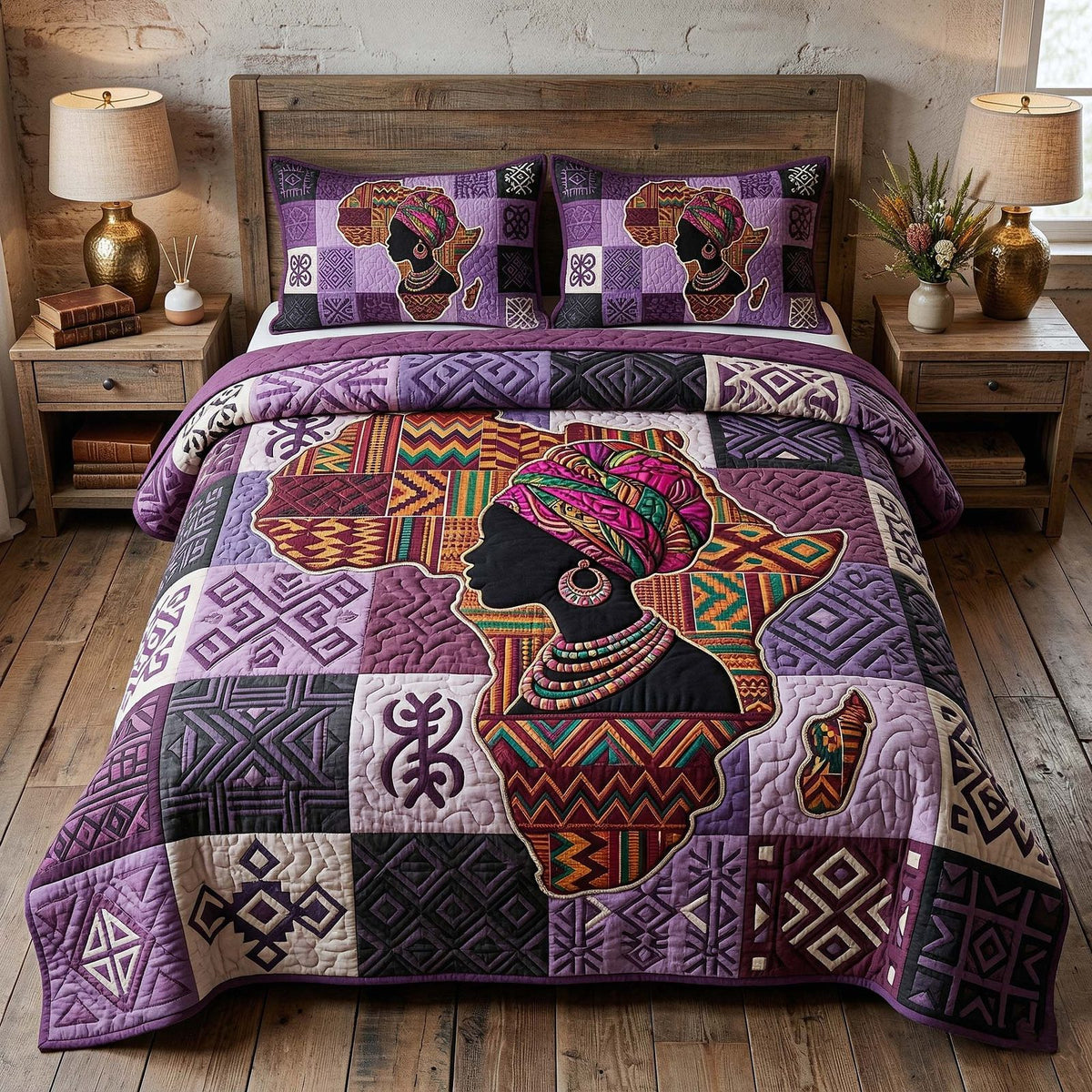 Africa Legacy quilted 3-piece bedding set on a made bed with two matching pillow shams