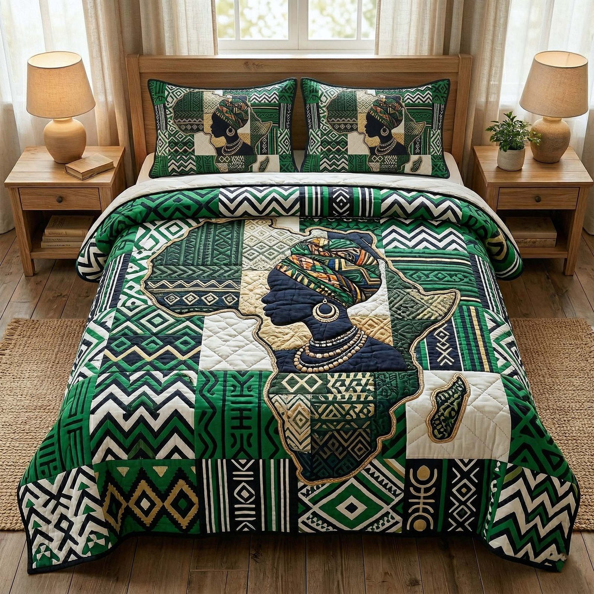 Africa Legacy quilted 3-piece bedding set on a made bed with two matching pillow shams