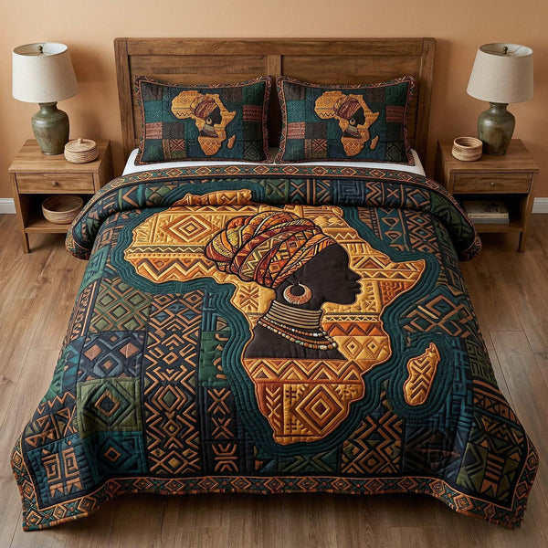 Africa Legacy quilted 3-piece bedding set on a made bed with two matching pillow shams