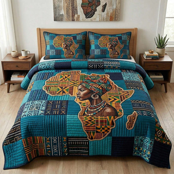 Africa Legacy quilted 3-piece bedding set on a made bed with two matching pillow shams