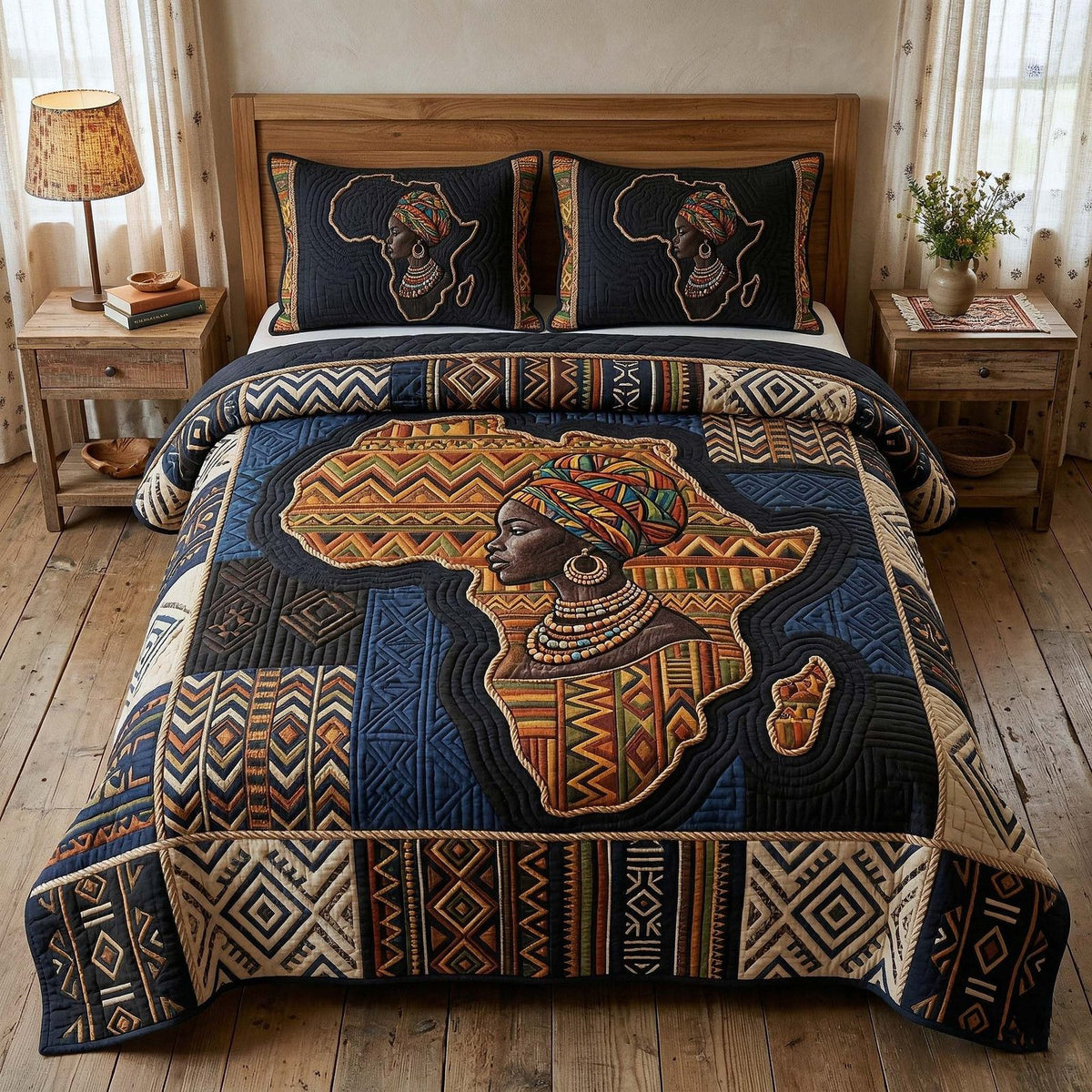 Africa Legacy quilted 3-piece bedding set on a made bed with two matching pillow shams