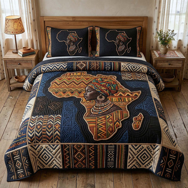 Africa Legacy quilted 3-piece bedding set on a made bed with two matching pillow shams