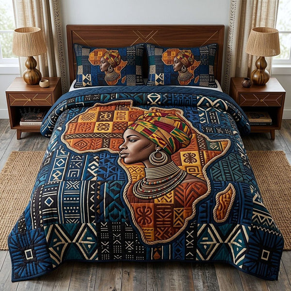 Africa Legacy quilted 3-piece bedding set on a made bed with two matching pillow shams