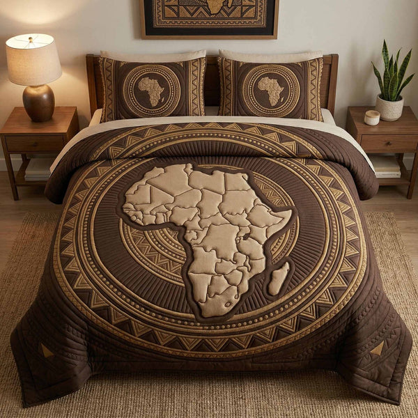 Africa Map quilted 3-piece bedding set on a made bed with two matching pillow shams