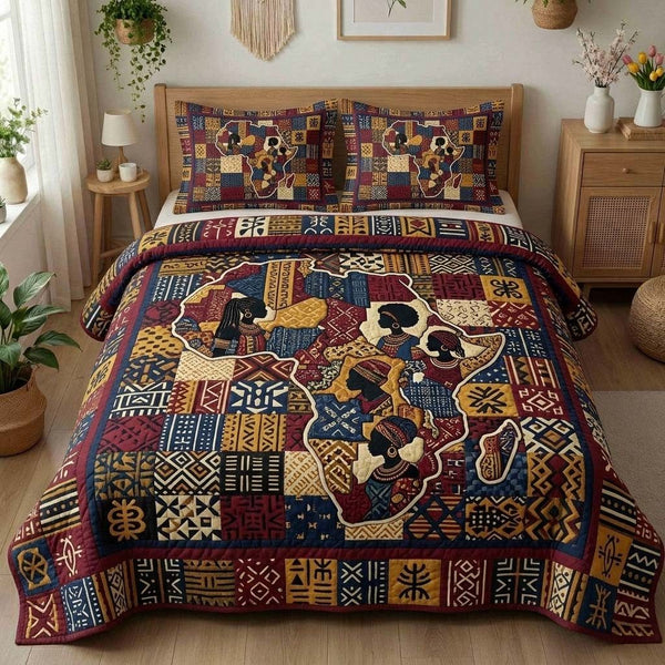 Africa Mosaic quilted 3-piece bedding set on a made bed with two matching pillow shams