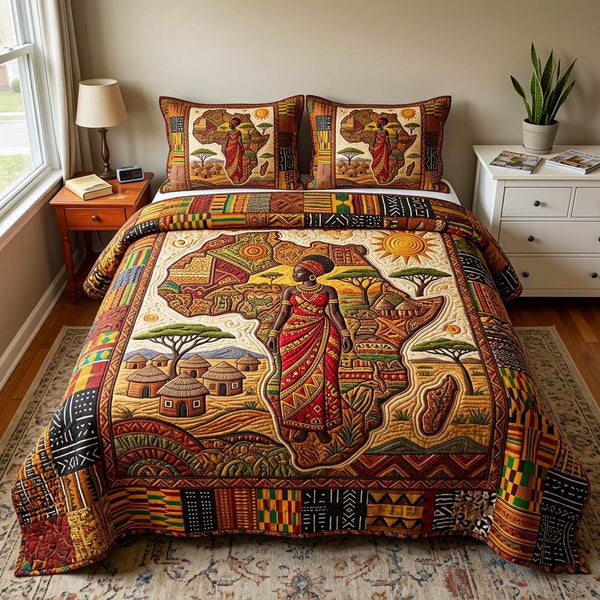 Africa Queen quilted 3-piece bedding set on a made bed with two matching pillow shams