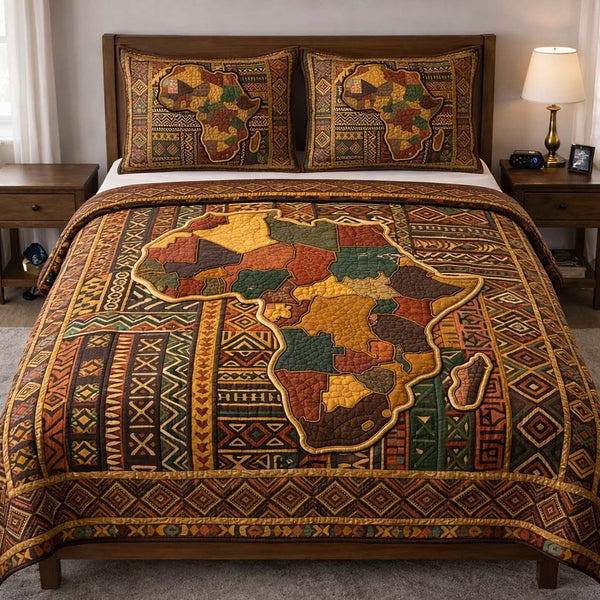 Africa Soul quilted 3-piece bedding set on a made bed with two matching pillow shams