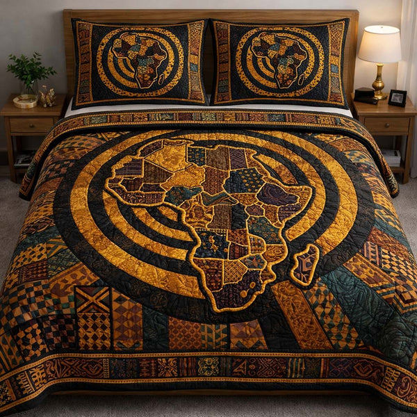Africa Soul quilted 3-piece bedding set on a made bed with two matching pillow shams