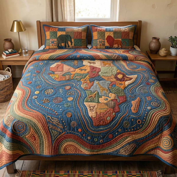 Africa Waves quilted 3-piece bedding set on a made bed in a light coastal bedroom