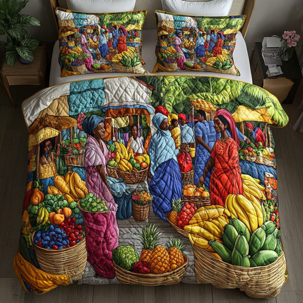 African Bazaar quilted 3-piece bedding set on a made bed with two matching pillow shams