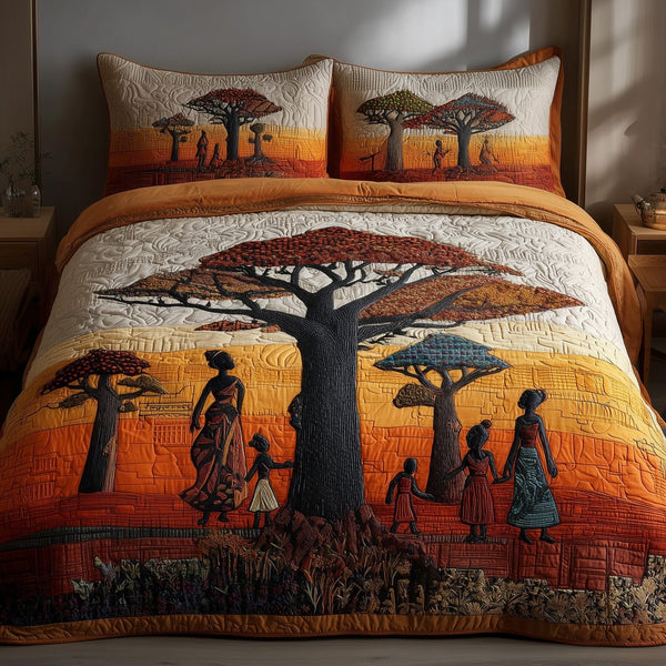 African Dream quilted 3-piece bedding set on a made bed with two matching pillow shams