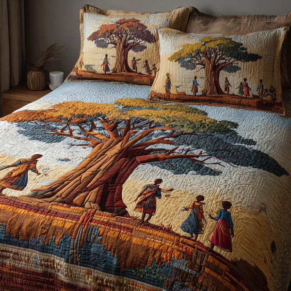 African Dream quilted 3-piece bedding set on a made bed with two matching pillow shams