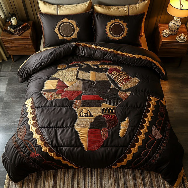 African Essence quilted 3-piece bedding set on a made bed with two matching pillow shams