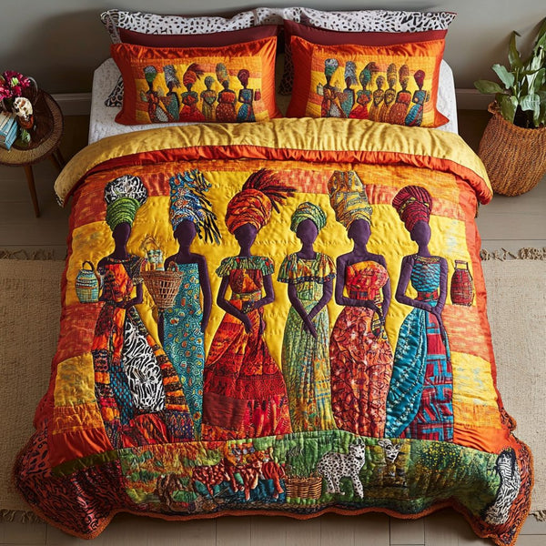 African Essence quilted 3-piece bedding set on a made bed with two matching pillow shams