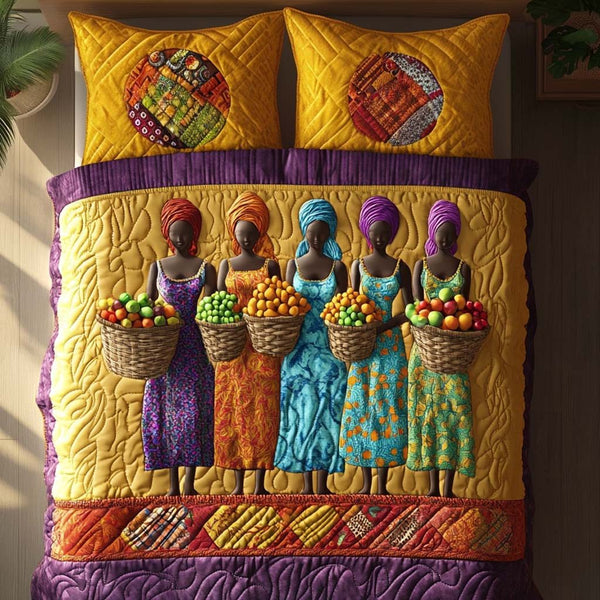 African Fruit Grace quilted 3-piece bedding set on a made bed with two matching pillow shams