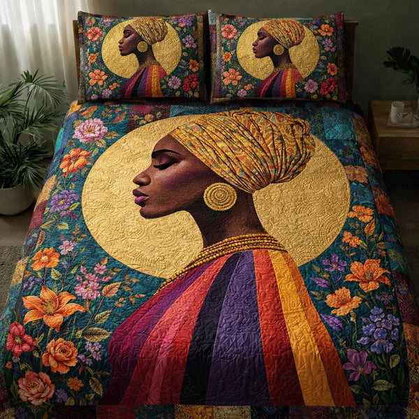 African Grace Beauty quilted 3-piece bedding set on a made bed with two matching pillow shams