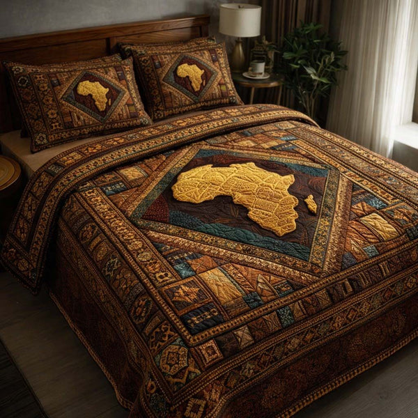 African Heritage Patchwork quilted 3-piece bedding set on a made bed in a farmhouse bedroom