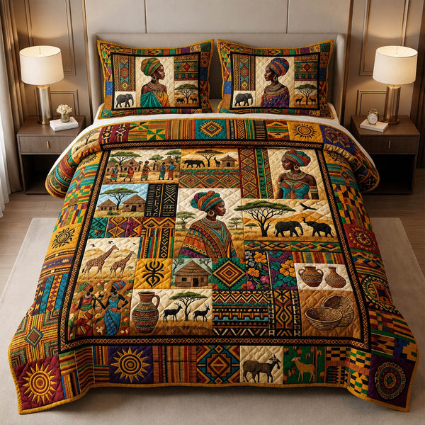 African Heritage quilted 3-piece bedding set on a made bed in a farmhouse bedroom