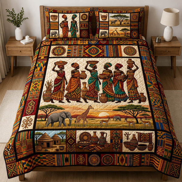 African Heritage quilted 3-piece bedding set on a made bed in a farmhouse bedroom