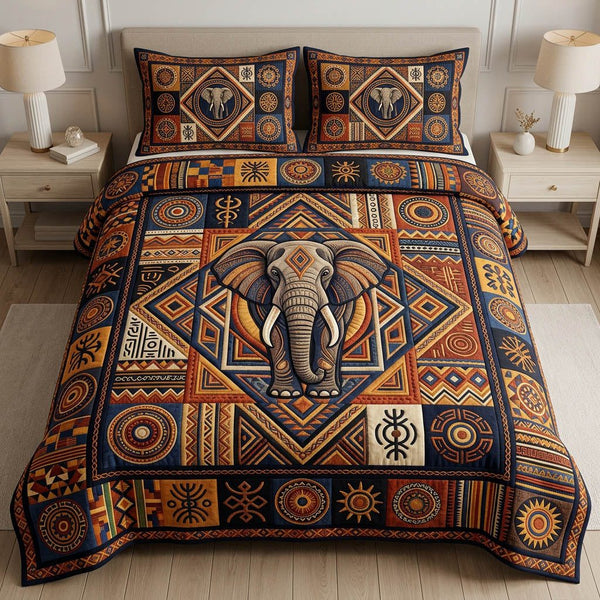 African Heritage quilted 3-piece bedding set on a made bed in a farmhouse bedroom