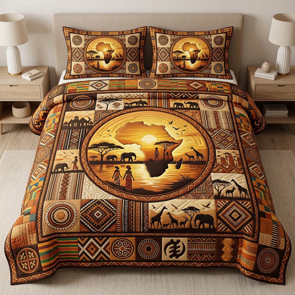 African Heritage quilted 3-piece bedding set on a made bed in a farmhouse bedroom