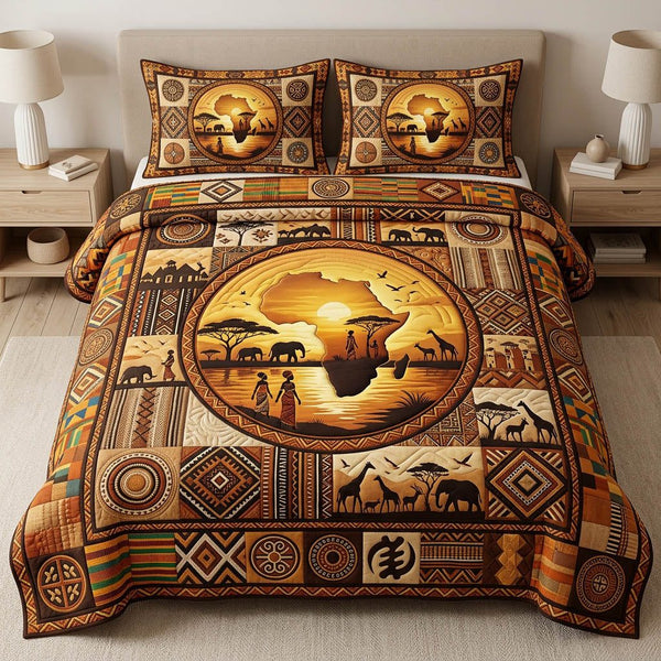 African Heritage quilted 3-piece bedding set on a made bed in a farmhouse bedroom