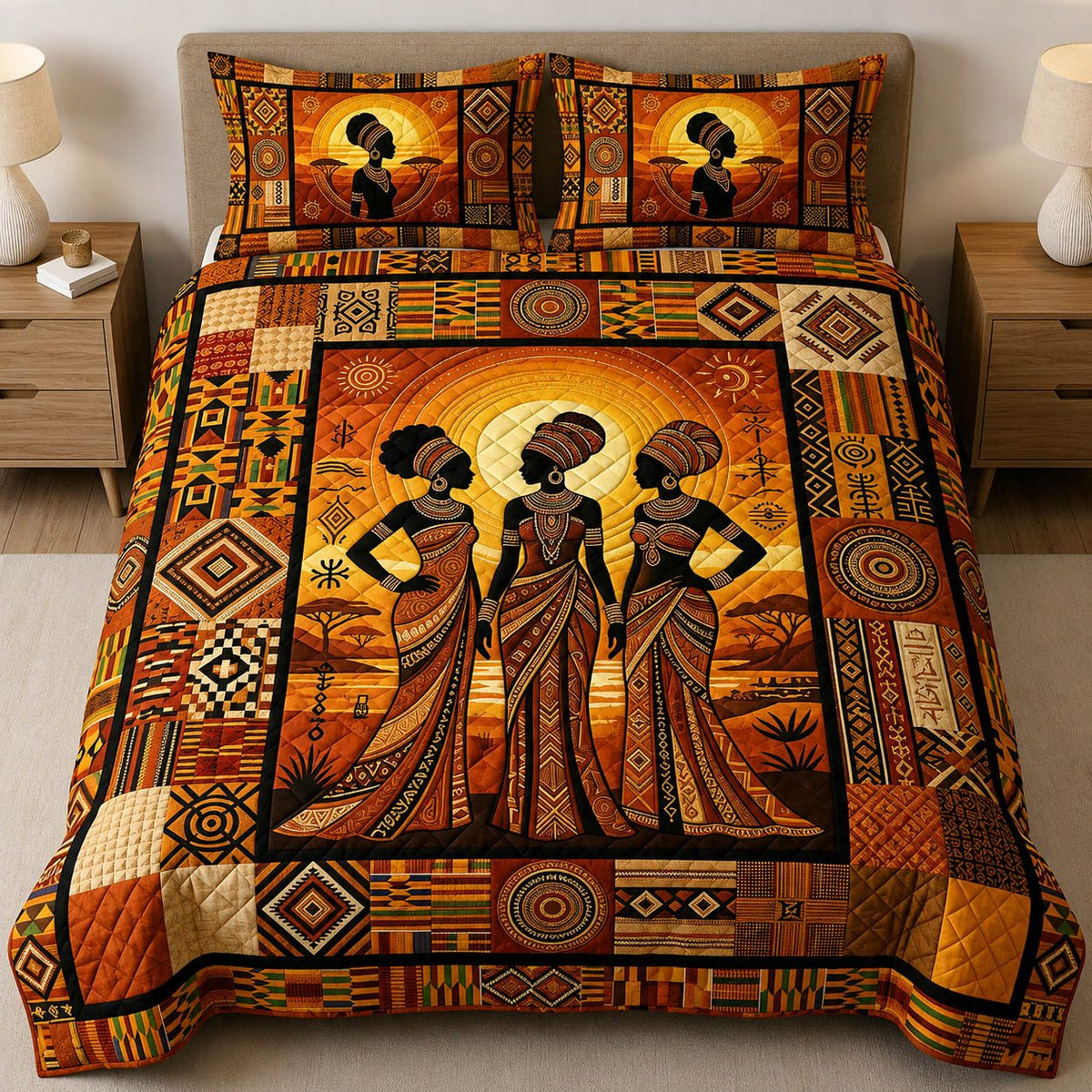 African Heritage quilted 3-piece bedding set on a made bed in a farmhouse bedroom